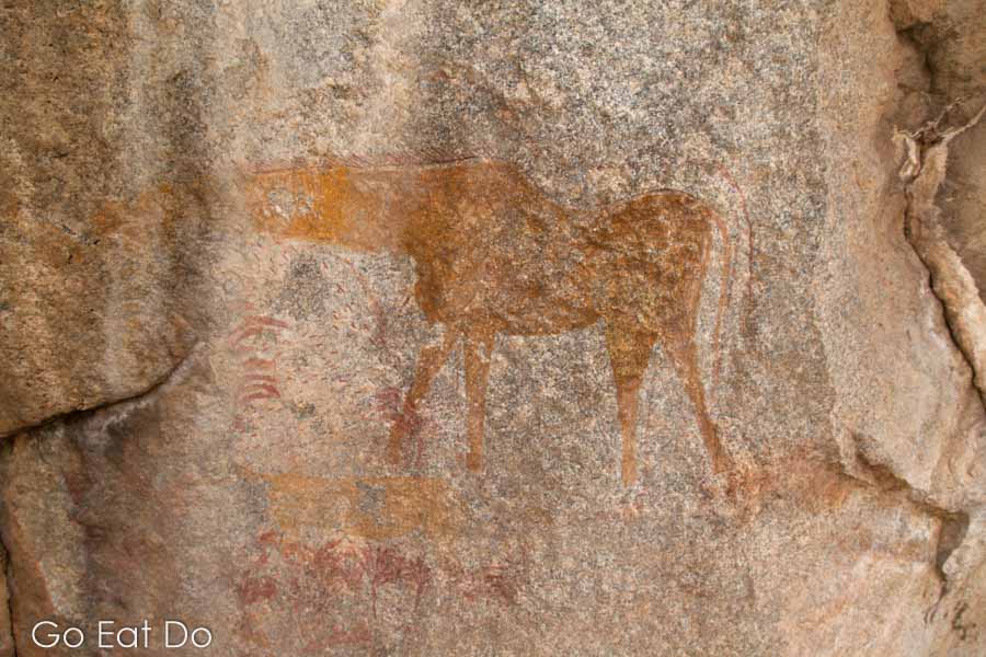 Ancient African rock art, painted by Bushmen in Matobo National Park, Zimbabwe