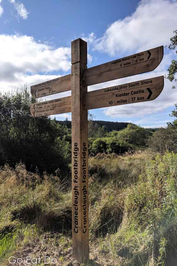 Signpost on the Lakeside Way at Kielder Water and Forest Park in Northumberland, England