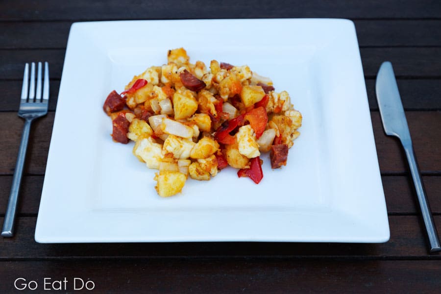 Weekend brunch: a hash featuring potato, halloumi, chorizo, red pepper and onion.