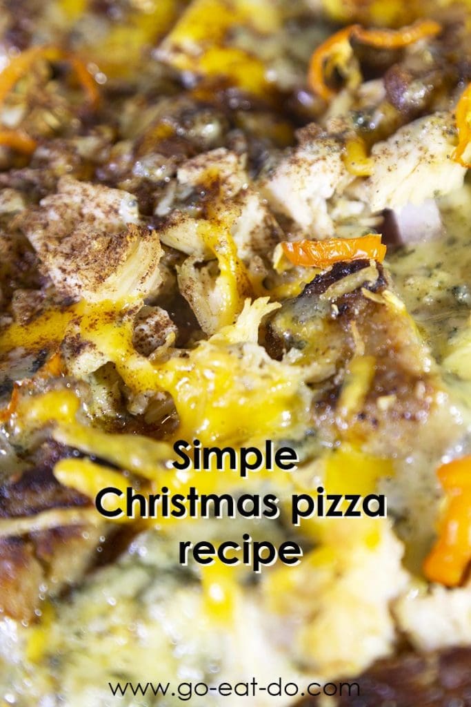 Pinterest pin for Go Eat Do's blog post with a simple Christmas pizza recipe for cooking Christmas leftovers.