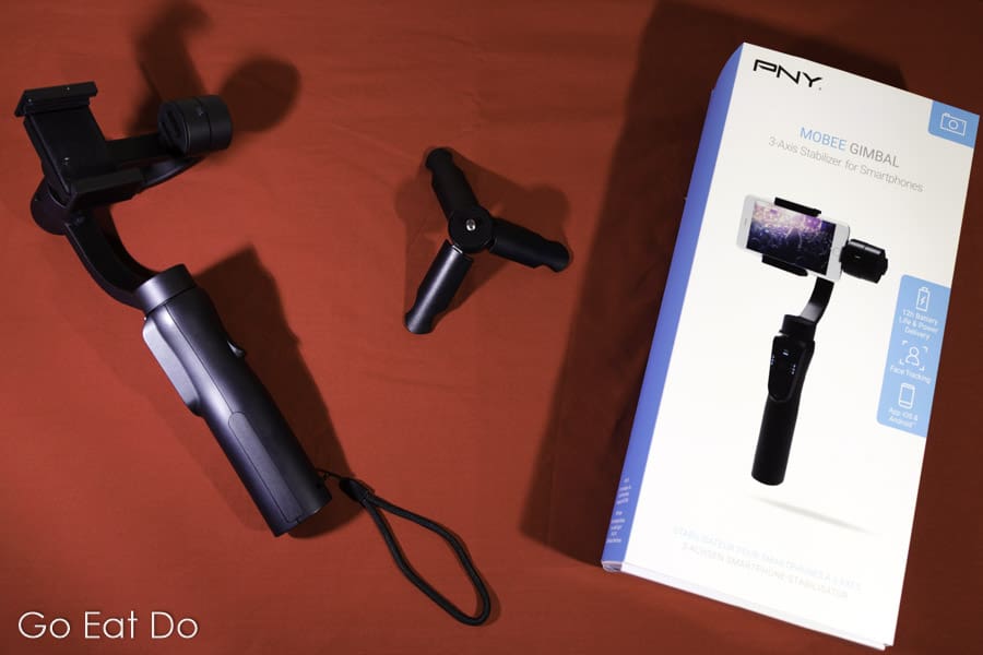 PNY Mobee Gimbal Stabiliser for smartphones, tripod and the packaging that the kit is sold in.