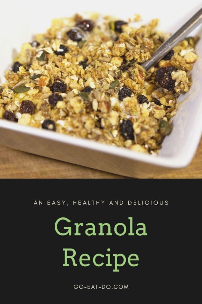 Pinterest pin for Go Eat Do's blog post with an easy and tasty recipe for homemade granola