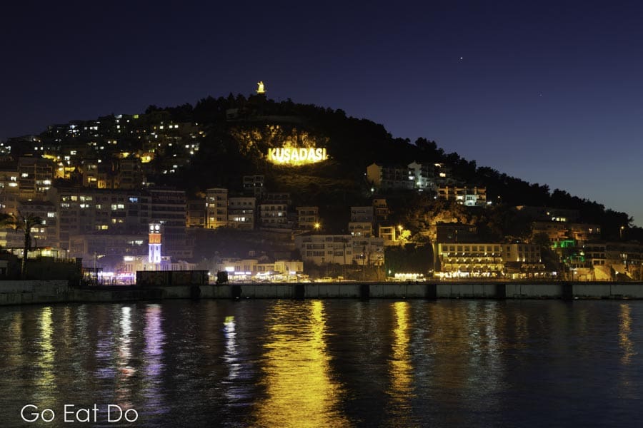 Night view of the coastal city of Kusadasi in Turkey.