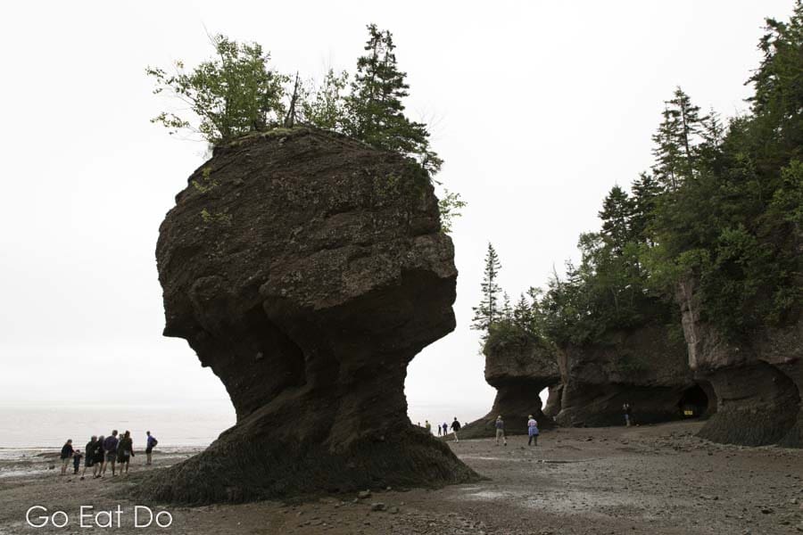 People visit the Hopewell Rocks, also known as the Flowerpot Rocks, are shaped by the water of the Bay of Fundy and one of the attractions on the Fundy Coastal Drive.