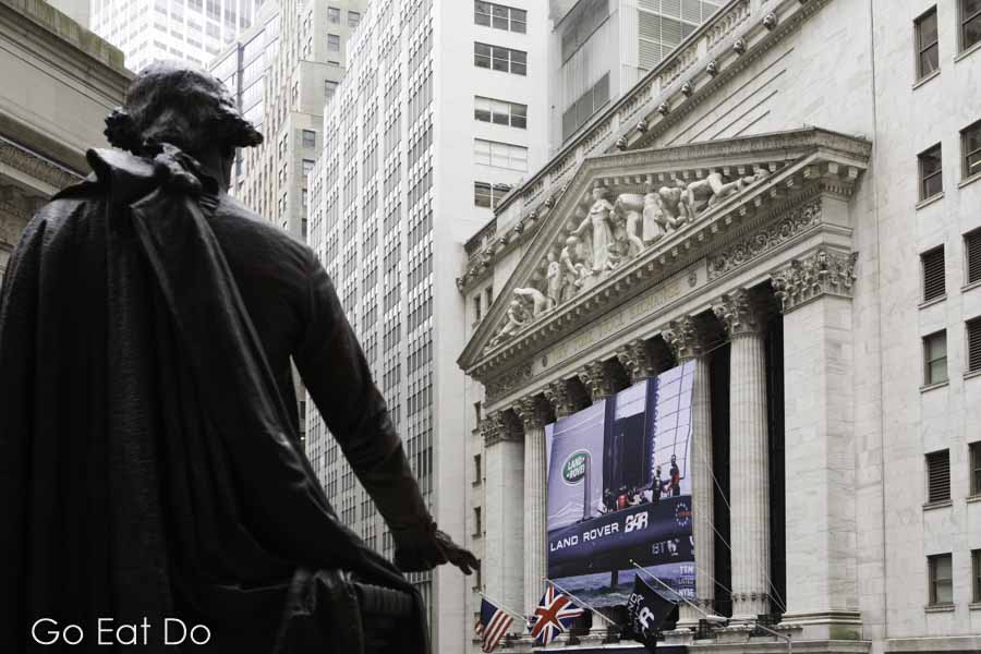 Statue of George Washington in front of the New York Stock Exchange on Wall Street in New York City. Featured in New York name change from New Amsterdam.