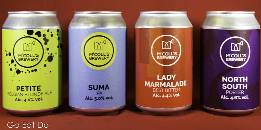 Cans of Petite Belgian Blonde Ale, Suma IPA, Lady Marmalade Best Bitter and North South Porter brewed by McColl's Brewery, based at Bishop Auckland in northeast England
