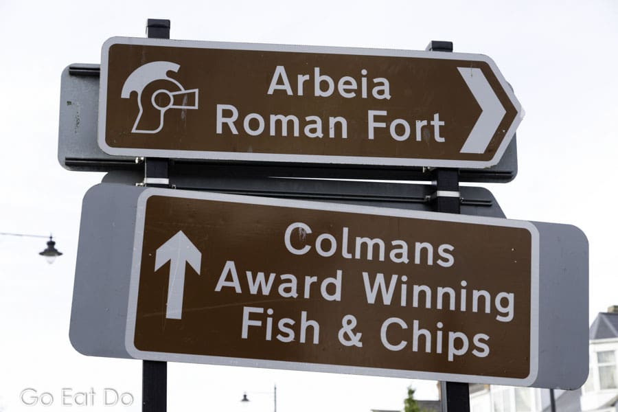 Signs for Arbeia Roman Fort and Colmans Award Winning Fish and Chips in South Shields.