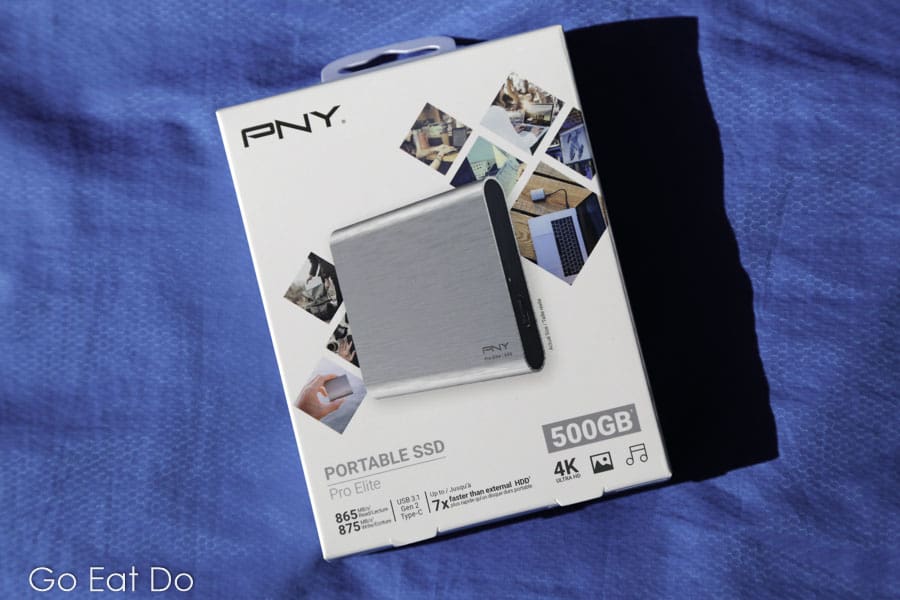 The packaging for a 500GB PNY Portable SSD Pro Elite hard drive
