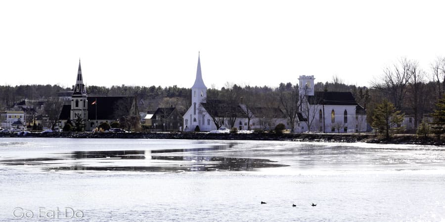 A winter view of the three churches at Mahone Bay in Nova Scotia, Canada.