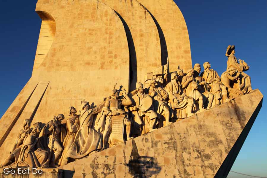 Sculptures of Portuguese navigators, historical and literary figures on the Monument to the Discoveries (Padrao dos Descobrimentos) in Belem, Lisbon