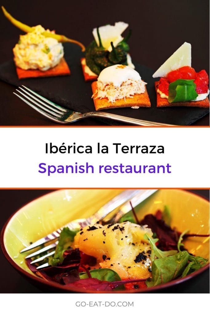 Pinterest pin for Go Eat Do's review of the Ibérica la Terraza Spanish restaurant at Canary Wharf in London, England