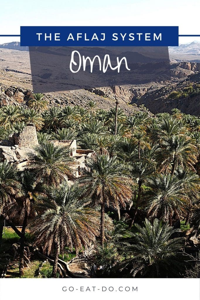 Pinterest pin for Go Eat Do's blog post about the aflaj irrigation systems in Oman, a UNESCO World Heritage Site