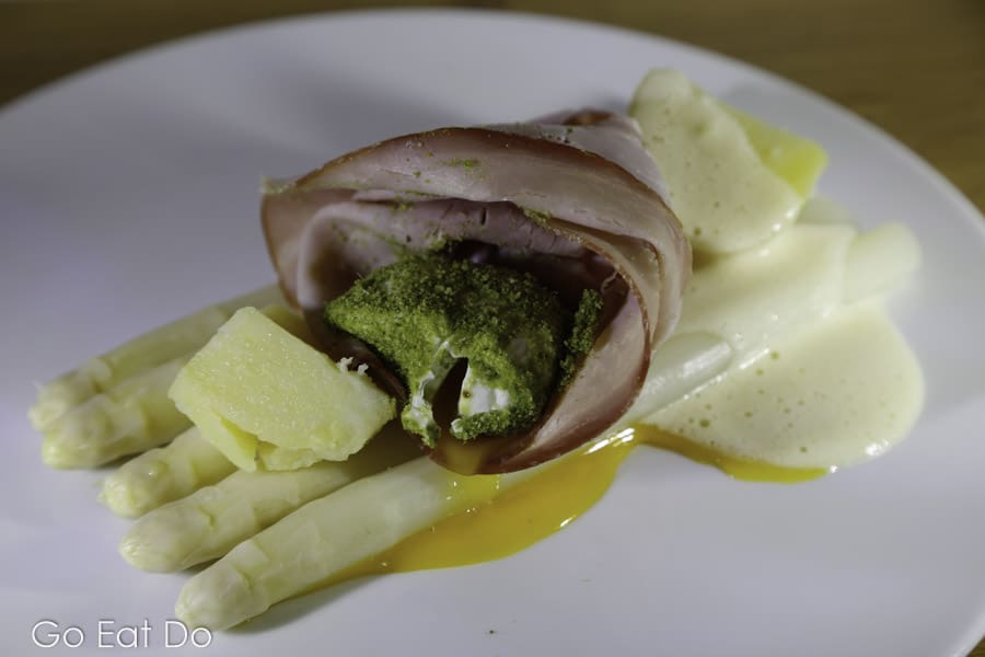 Asparagus, grown on a farm in the south of the Netherlands, served with locally produced ham