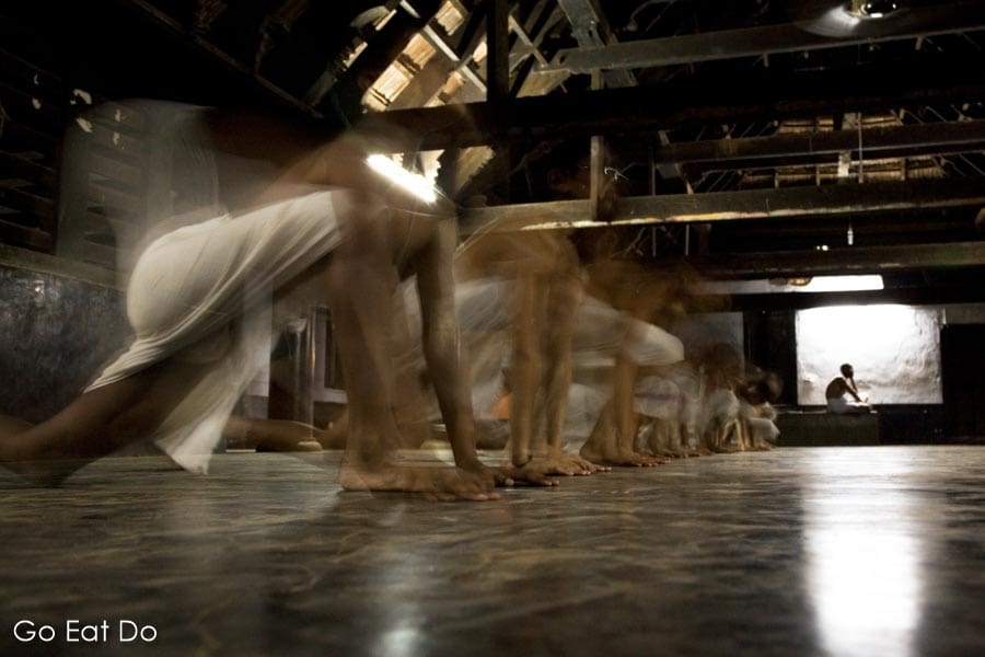 Students perform yoga astanas at the Vadakke Madham Brahmaswam (Brahmaswam Madham) in Thrissur (Trichur), Kerala, India