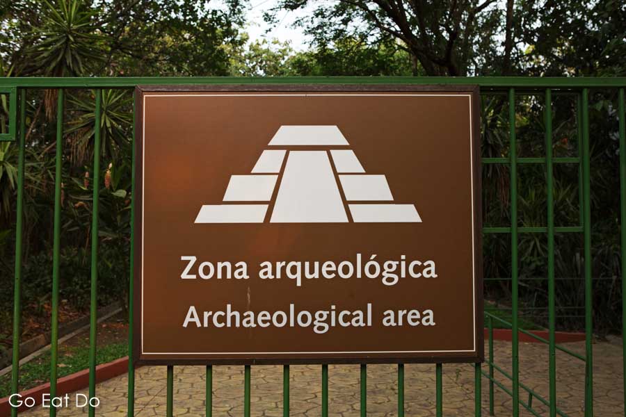Sign for the archaeological area (zona arqueologica) at the Joya de Cerén UNESCO World Heritage Site in El Salvador