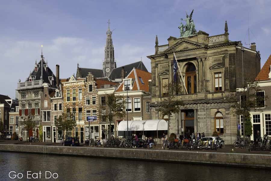 Facades of buildings, including the Teyler's Museum, in Haarlem