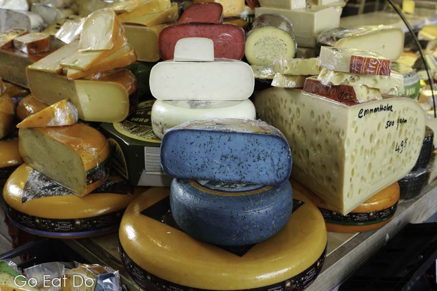 Dutch cheeses displayed at a stall at the Markthal in Rotterdam