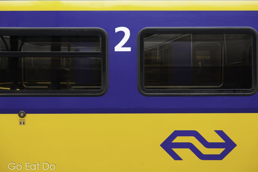 Second Class compartment of a Dutch train in the traditional blue and yellow livery