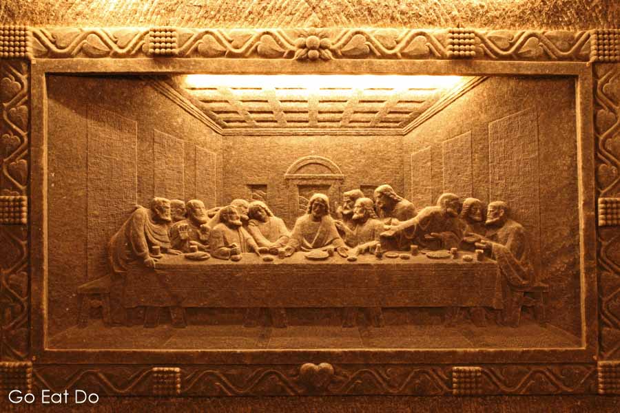 'The Last Supper' bas relief sculpture, created by Antoni Wdrodek in 1927-28, at St Kinga's Chapel at Wieliczka Salt Mine near Kraków, Poland