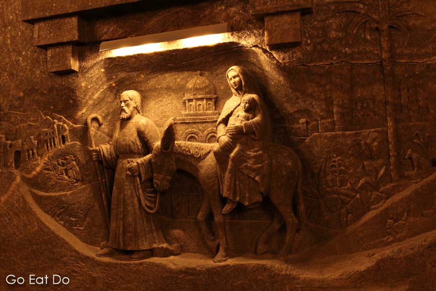'The Flight into Egypt' sculpture, created by Antoni Wdrodek in 1927-28, at St Kinga's Chapel at Wieliczka Salt Mine near Kraków, Poland.