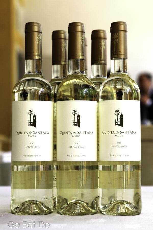 Bottles of the white Fernao Pires wine created at the Quinta de Sant'Ana estate.