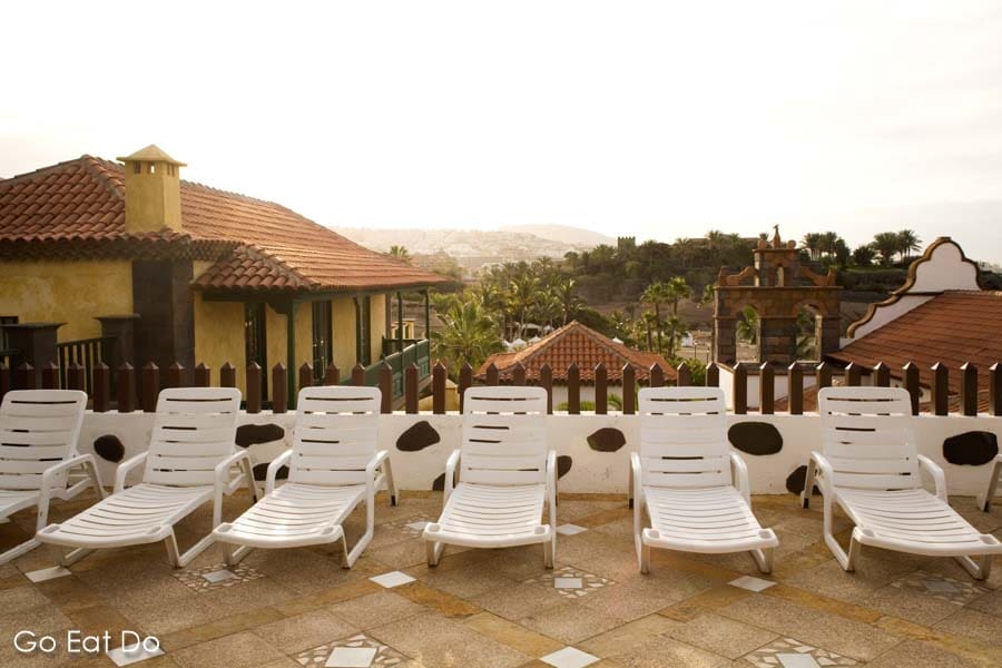 Sun loungers on a terrace at the Iberostar Grand Hotel El Mirador on the Costa Adeje on Tenerife