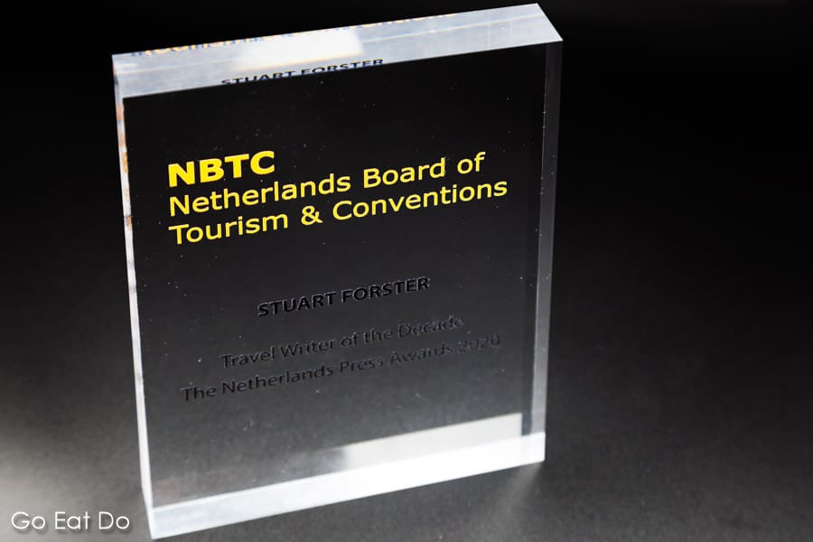 Netherlands Board of Tourism and Coventions' Travel Writer of the Decade award, presented at the 2020 Netherlands Press Awards.