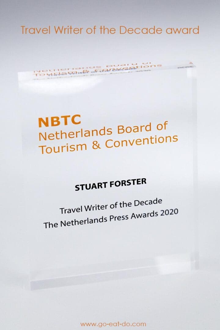 Award photo illustrating Go Eat Do's blog post about Stuart Forster being named Travel Writer of the Decade in the 2020 Netherlands Press Awards.