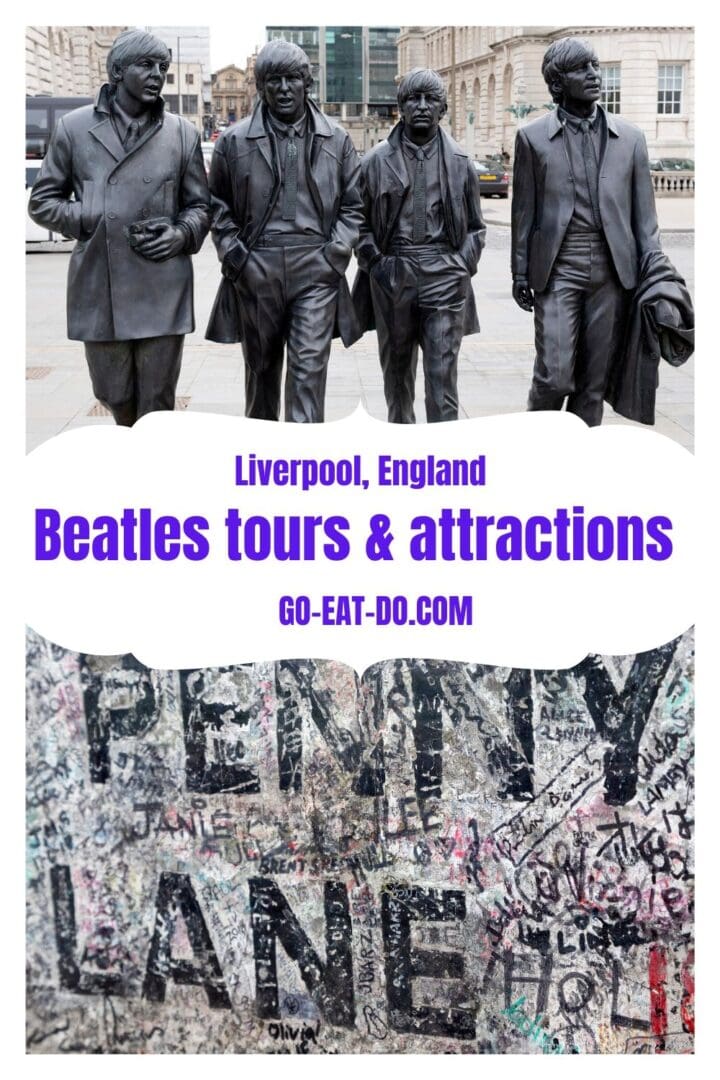 Pinterest Pin for Go Eat Do's blog post about Beatles bus tours and tourism attractions in Liverpool, England