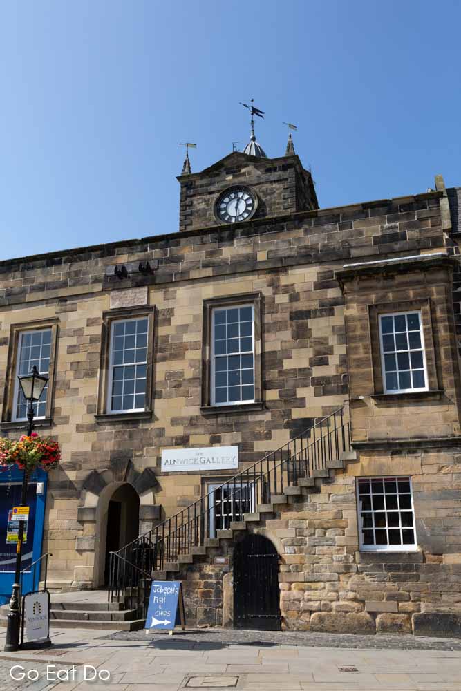 Facade of the Old Town Hall, which hosts the Alnwick Gallery, at Alnwick in Northumberland, England