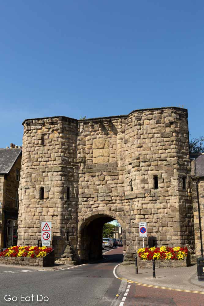 Bondgate Tower, a medieval fortification also known as the Hotspur Tower, on a sunny day in Alnwick, Northumberland