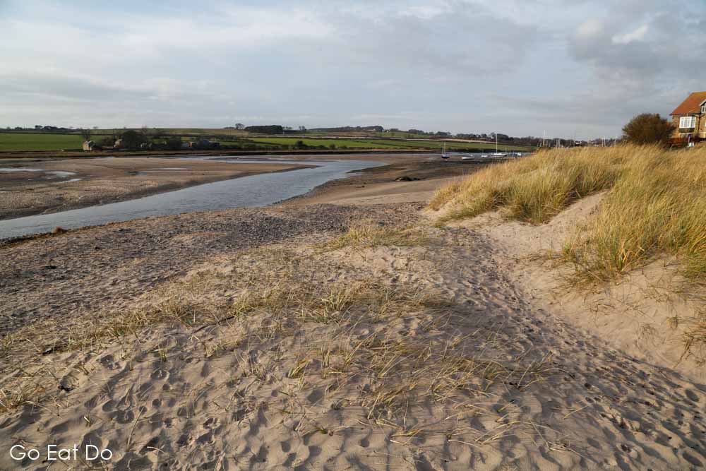 Golden sand and dunes at Alnmouth Beach in Northumberland, England.