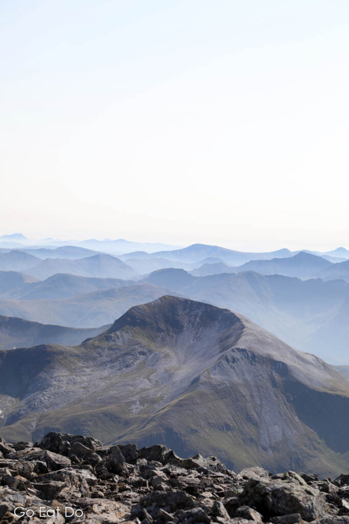 Looking to peaks of Munros in Scotland from the summit of Ben Nevis.