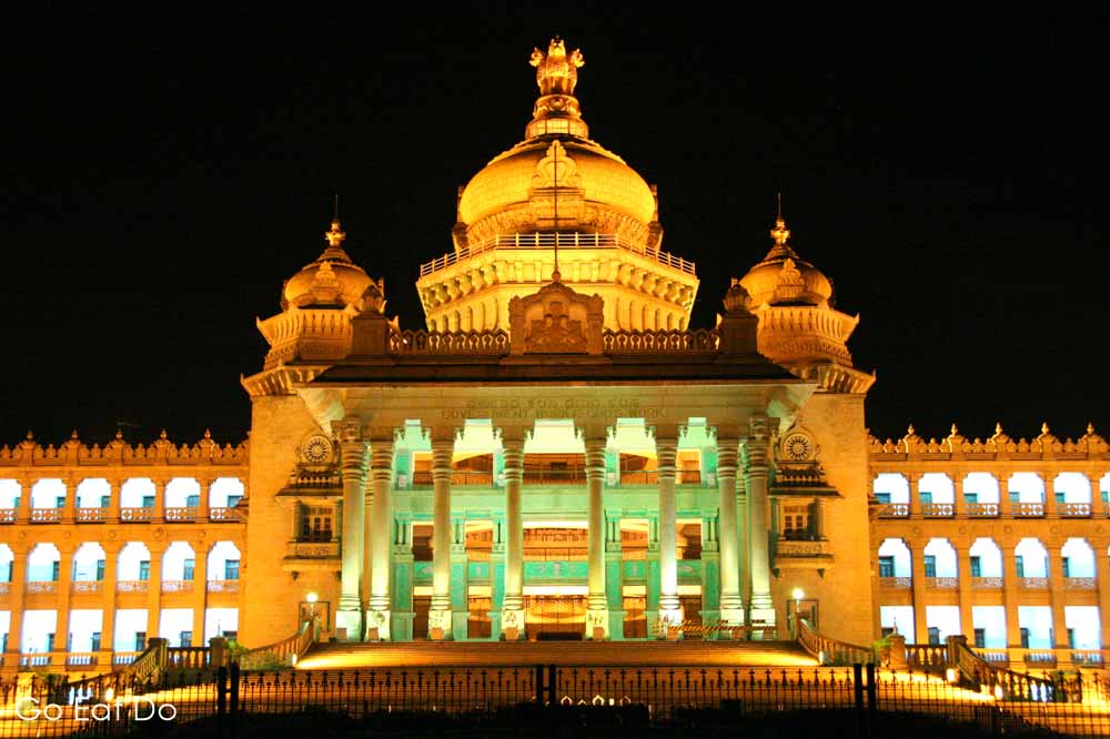 The cupola of the Vidhana Soudha, the state Legislative assembly of Karnataka, illuminated at night, when snakes that Babu catches tend to move into houses in Bengaluru, India