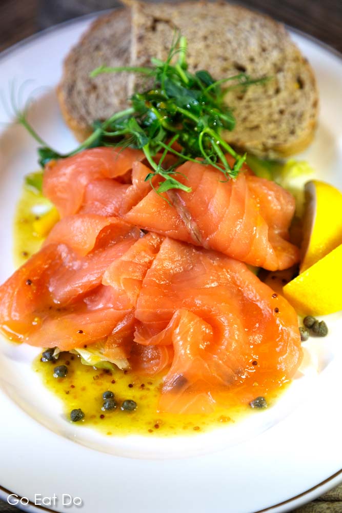 Scottish salmon served for lunch at The Bailiffgate Bistro, the restaurant of The Cookie Jar in Alnwick, Northumberland