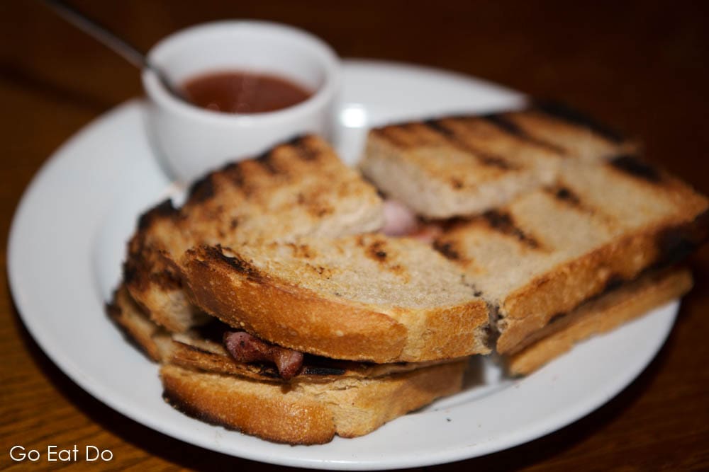 Bacon sandwich, made with toasted bread, sampled on the Eating Europe food tour of London's East End