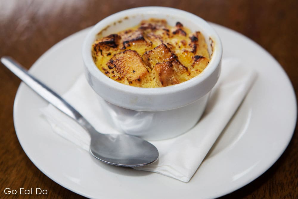 Bread and butter pudding served in The English Restaurant during Eating Europe's Food Tour of London's East End