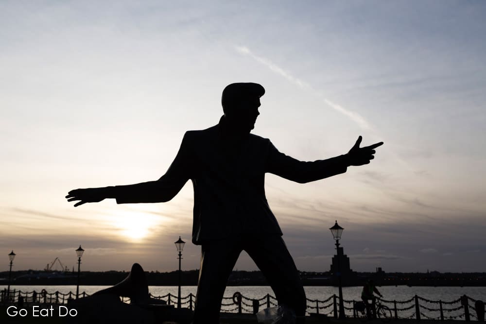 Liverpool has a strong pop music culture. This statue of Billy Fury, by Tom Murphy, is on the waterfront by the River Mersey in Liverpool, England