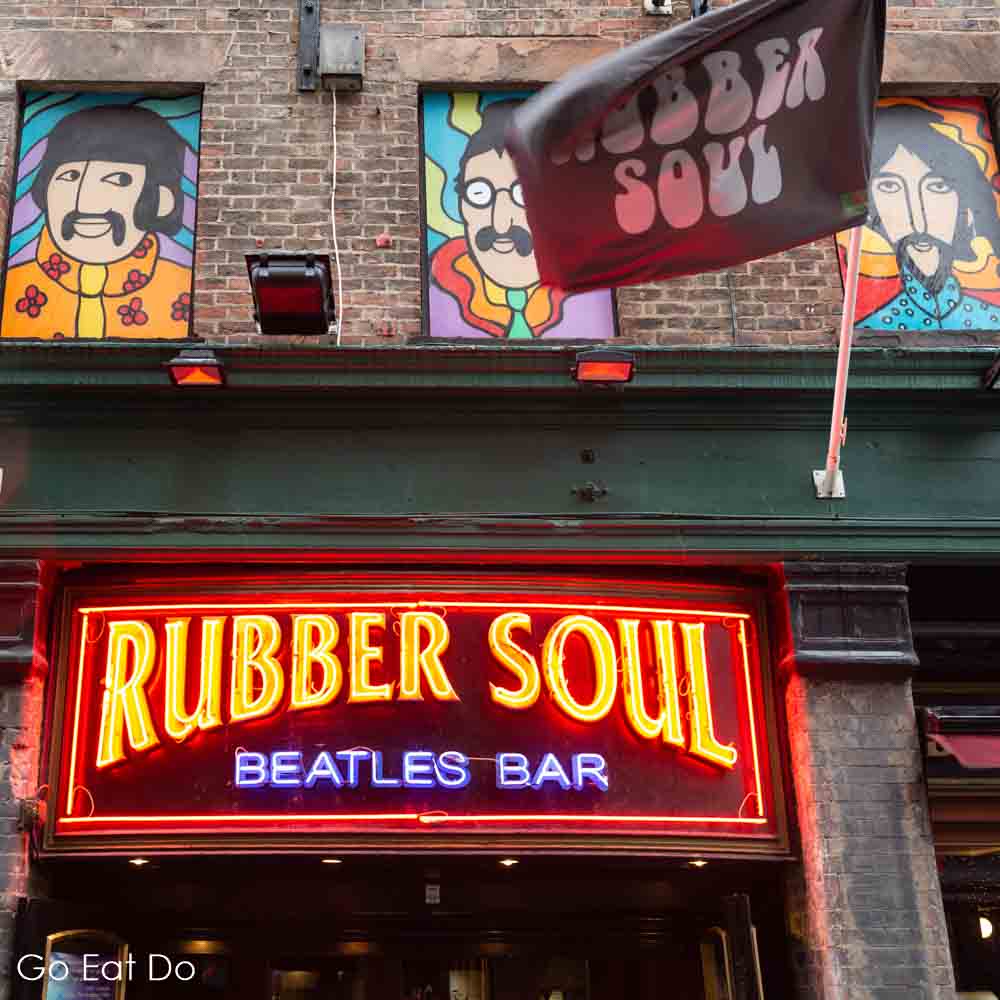 Exterior of the Rubber Soul Beatles Bar on Mathew Street in Liverpool, England
