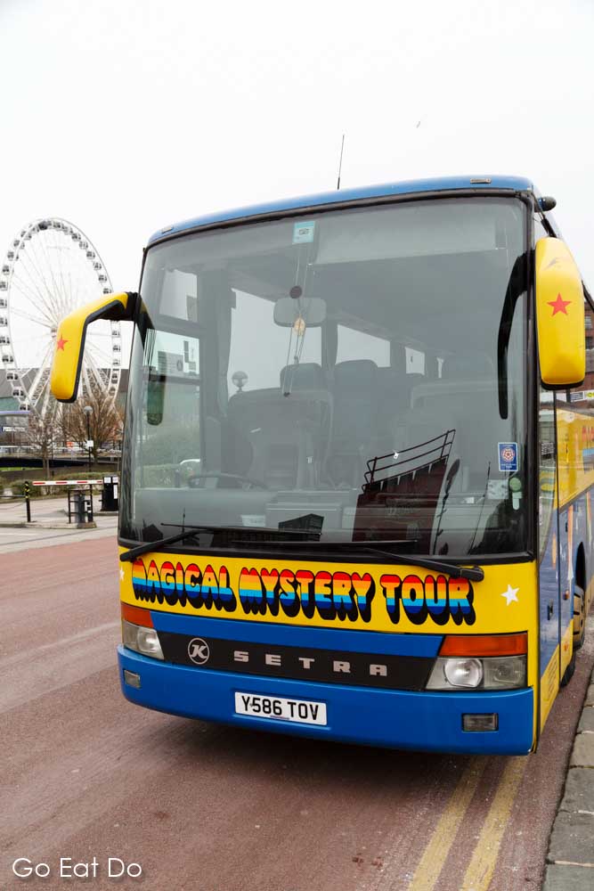 The Magical Mystery Tour bus which transports participants on a guided tour of places associated with The Beatles in Liverpool, England