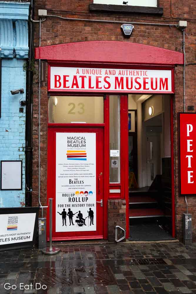 Doorway into the Beatles Museum at Mathew Street in Liverpool, England
