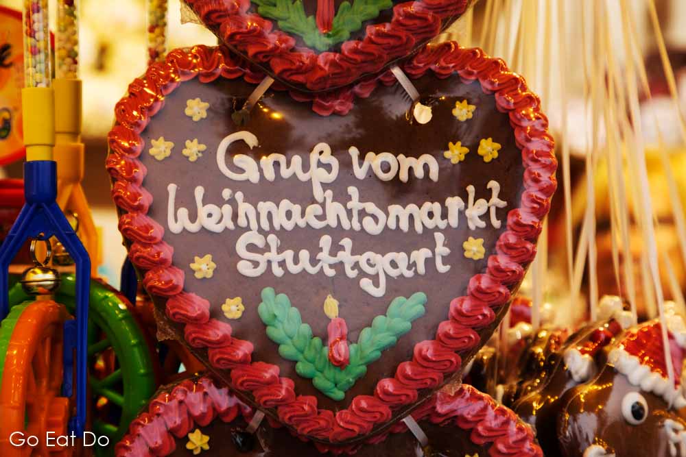 Traditional gingerbread heart with an icing sugar greeting from Stuttgart Christmas market (Stuttgarter Weihnachstmarkt) in Stuttgart, Germany
