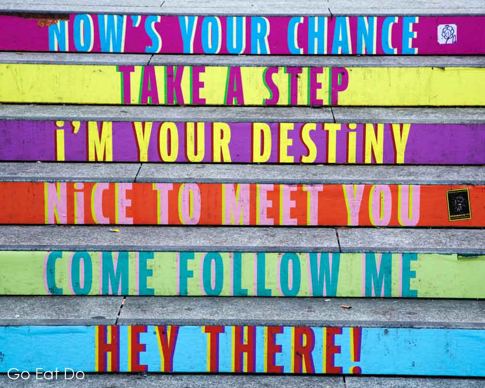 Colourful steps carrying brief messages, such as 'take a step' and 'I'm your destiny' seen during a winter weekend in Stuttgart, Germany