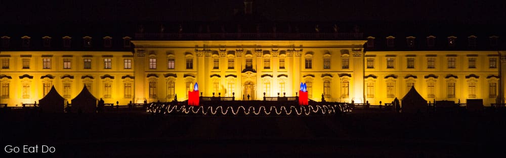 The illuminated facade of the Baroque palace at Ludwigsburg, near Stuttgart in south-west Germany