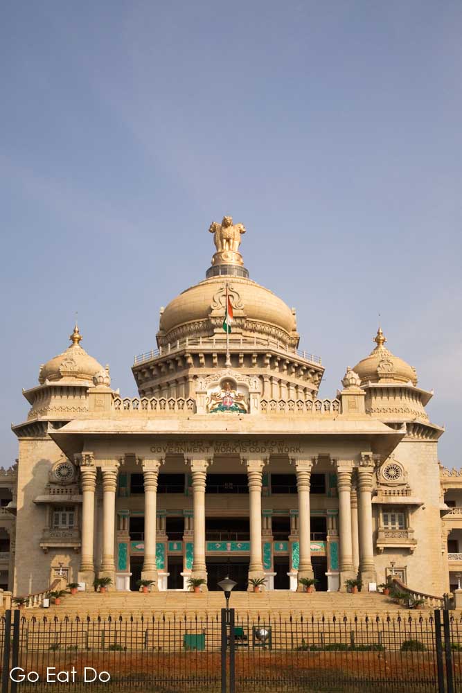 The Indo-Saracenic style facade of the Vidhana Soudha, the Karnataka State Legislative Assembly, in Bangalore, India