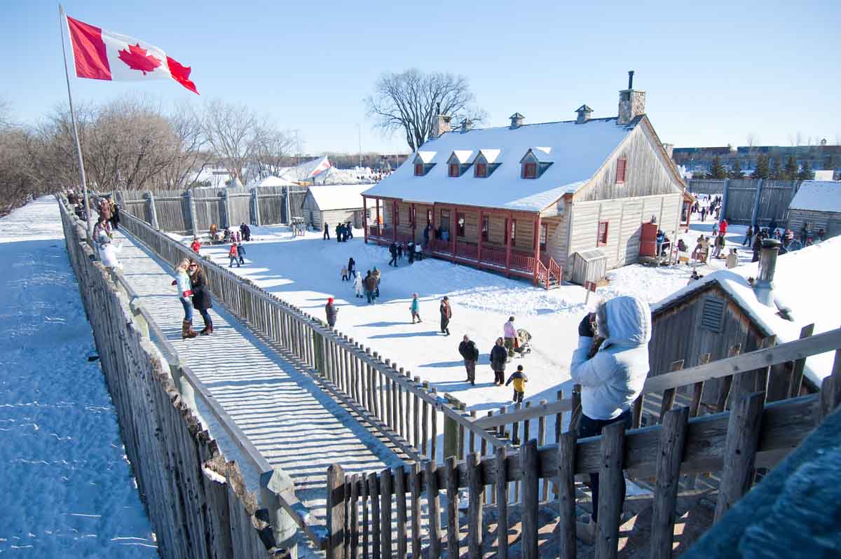 Fort Gibraltar in snow. The fort is the venue of the Festival du Voyageur, one of the many things to do in Winnipeg in winter