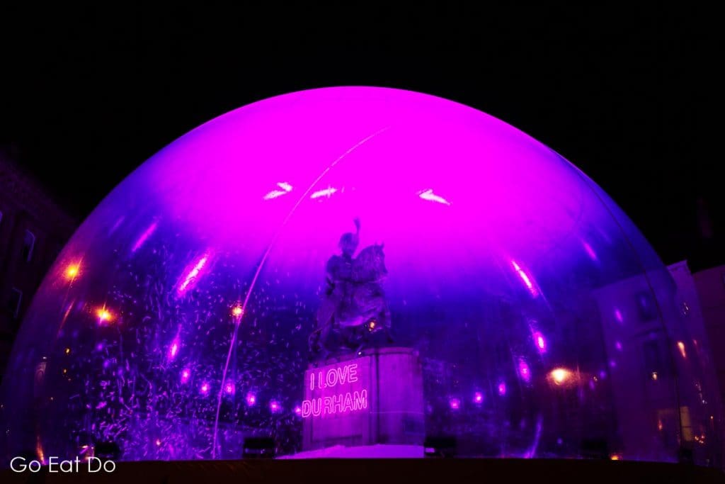 The Marquess of Londonderry statue inside the giant snow as part of Jacques Rival's light installation, 'I Love Durham' on Durham Market Place