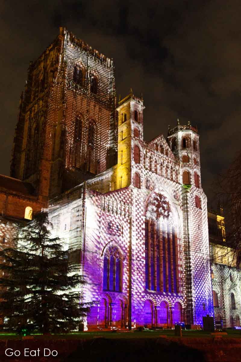 'Stones' by Tigrelab Art, projected onto Durham Cathedral and seen from Palace Green.