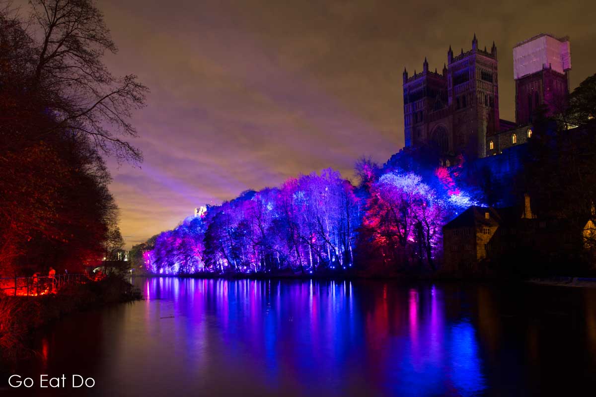 Frequencies, by Kari Kola, by the River Wear, at Lumiere Durham in Durham City, England