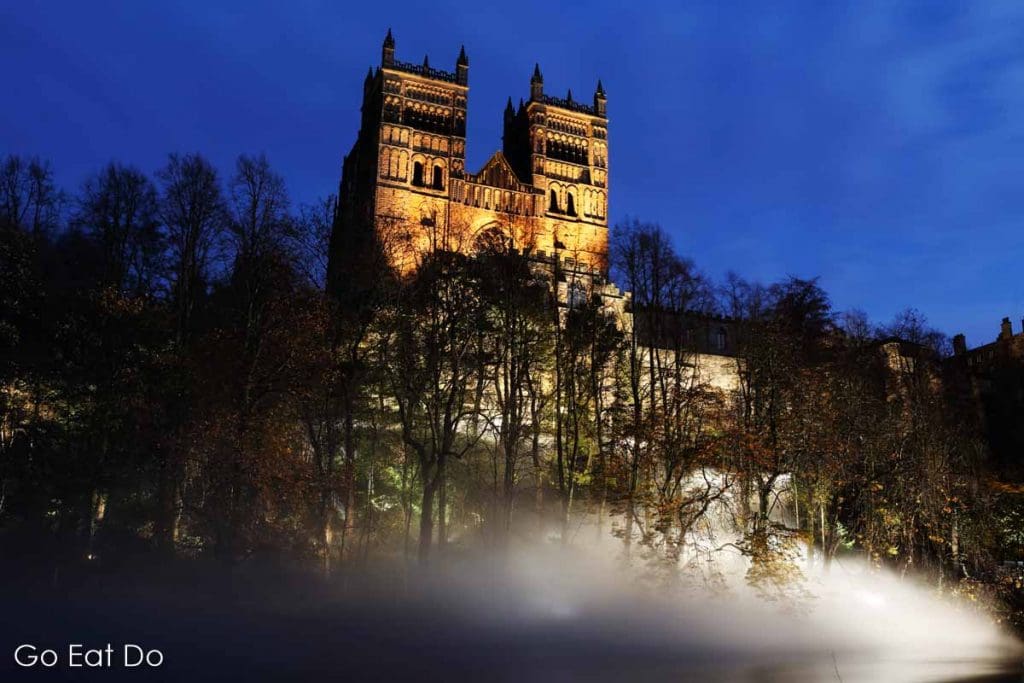 Fogscape by Durham Cathedral in the blue hour of the evening, during Lumiere Durham